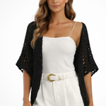 Women's Short Sleeve Crochet Cardigan – Open-Front Cropped Summer Cover-Up
