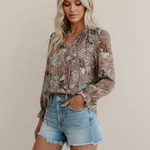 Women's Floral Print V Neck Blouse with Long Sleeves – Lightweight Everyday Top
