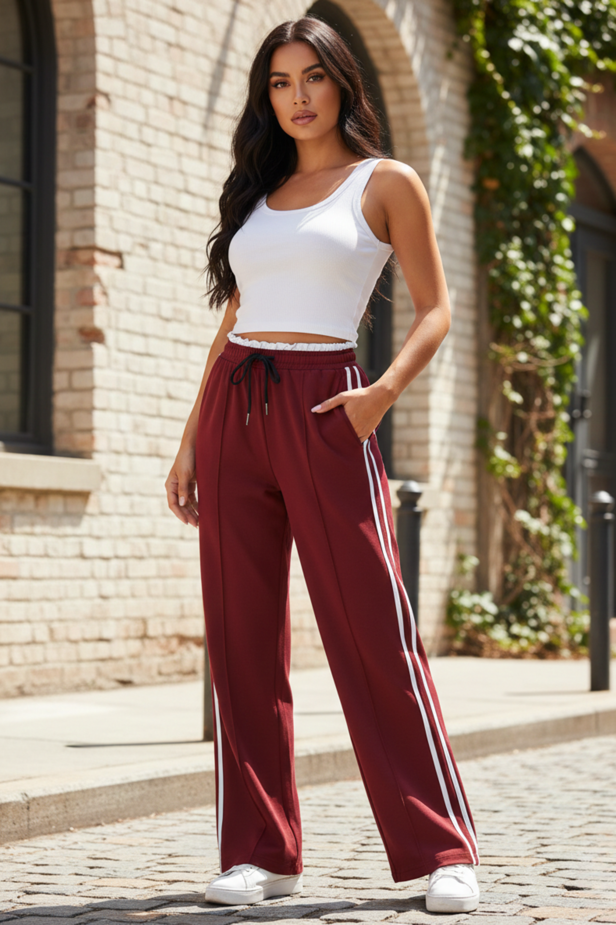 Women's Wide Leg Drawstring Pants with Side Stripe – Relaxed Casual & Travel Pants