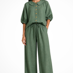 Women's Linen Co-Ord Set with Peter Pan Collar Blouse & Wide Leg Pants – Two-Piece Outfit
