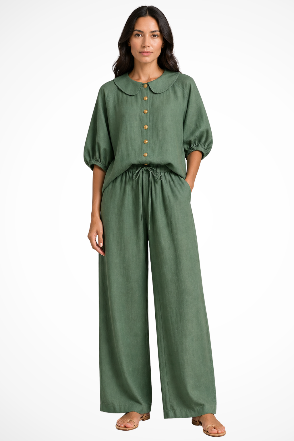 Women's Linen Co-Ord Set with Peter Pan Collar Blouse & Wide Leg Pants – Two-Piece Outfit
