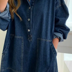 Women's Oversized Collared Denim Maxi Dress with Long Sleeves & Patch Pockets