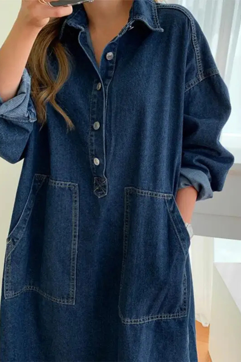 Women's Oversized Collared Denim Maxi Dress with Long Sleeves & Patch Pockets