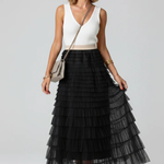 Women's Layered Tulle Tiered Midi Skirt – High Waist Flared Skirt for Occasions