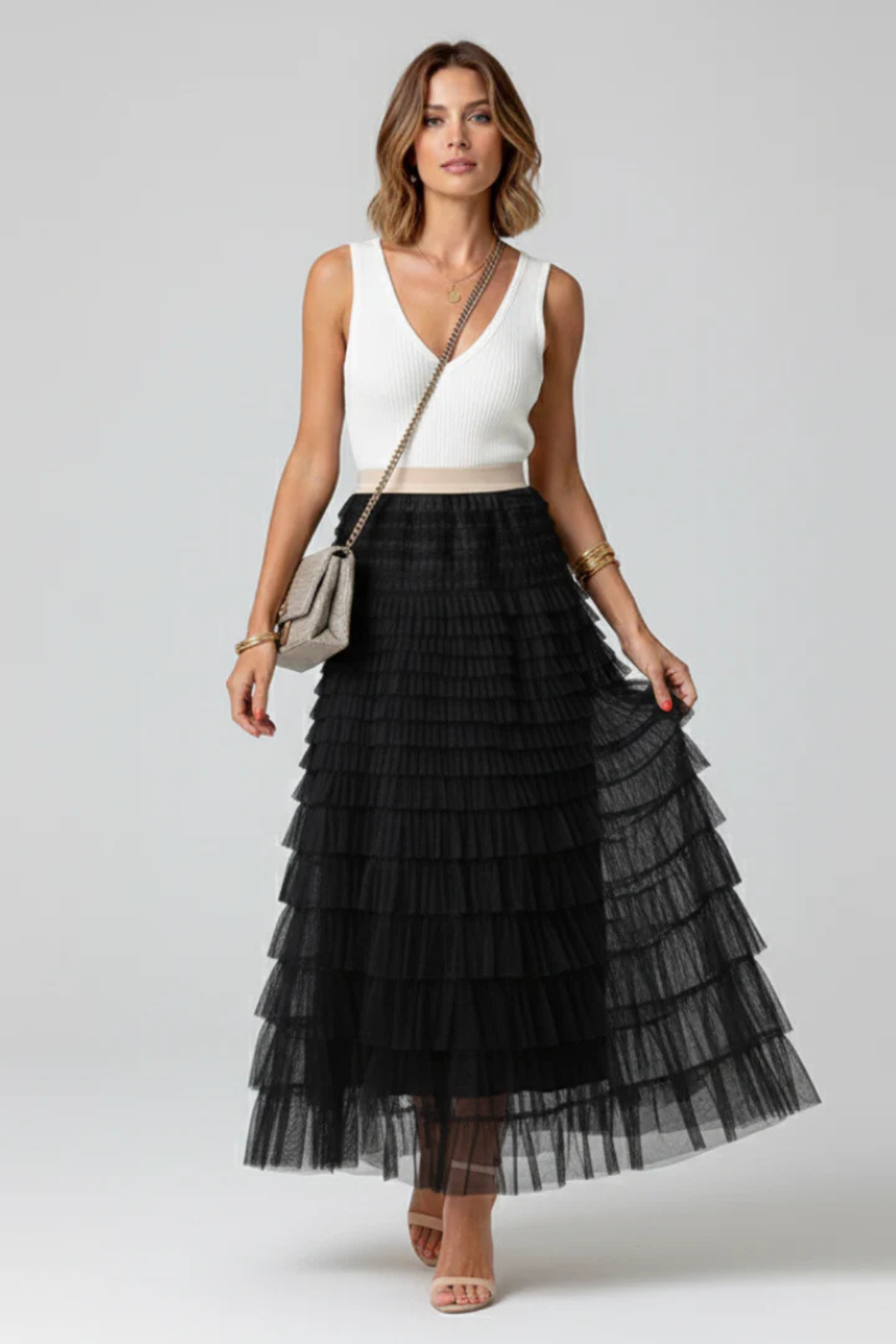Women's Layered Tulle Tiered Midi Skirt – High Waist Flared Skirt for Occasions