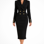 Women's Double Breasted Blazer Midi Dress with Gold Buttons – Tailored Work and Event Dress