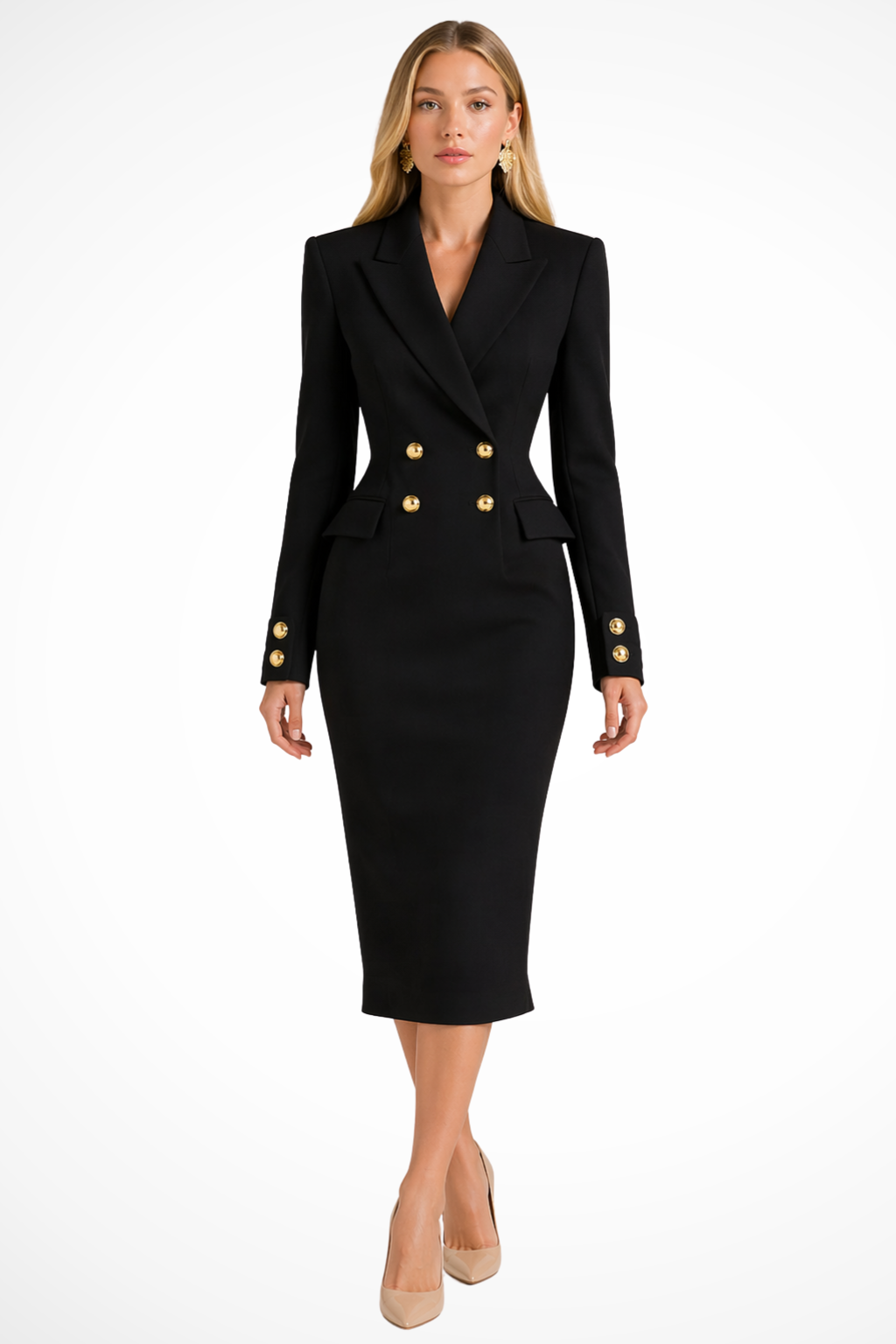 Women's Double Breasted Blazer Midi Dress with Gold Buttons – Tailored Work and Event Dress