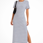 Women's Striped Midi Dress with Short Sleeves & Side Split – Casual Summer Day Dress