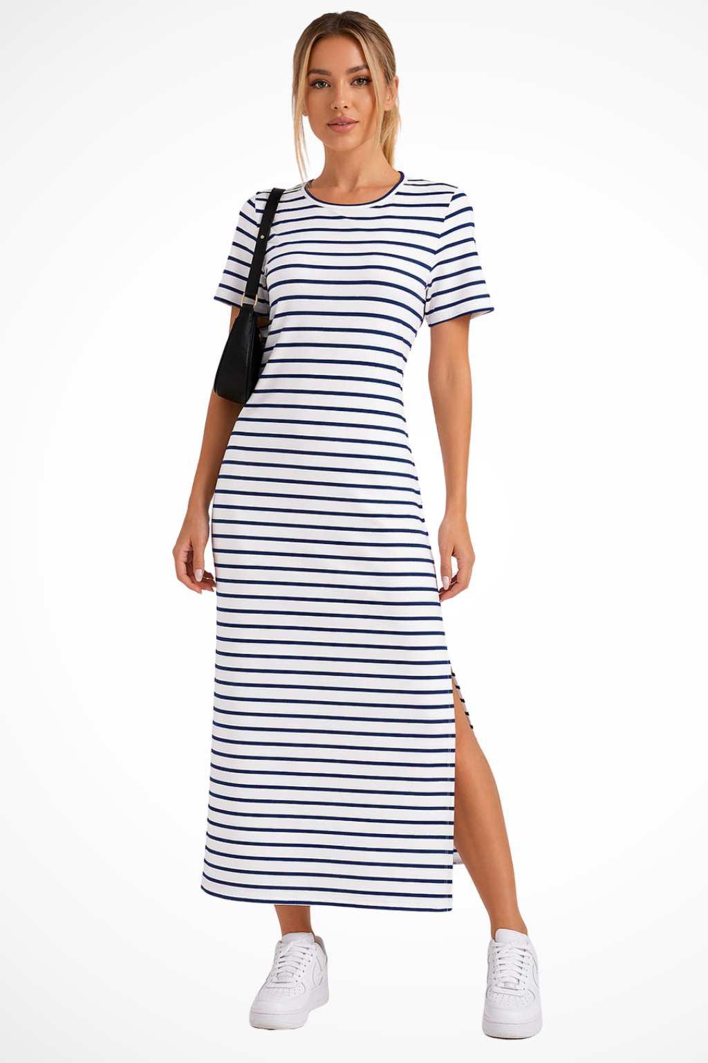 Women's Striped Midi Dress with Short Sleeves & Side Split – Casual Summer Day Dress