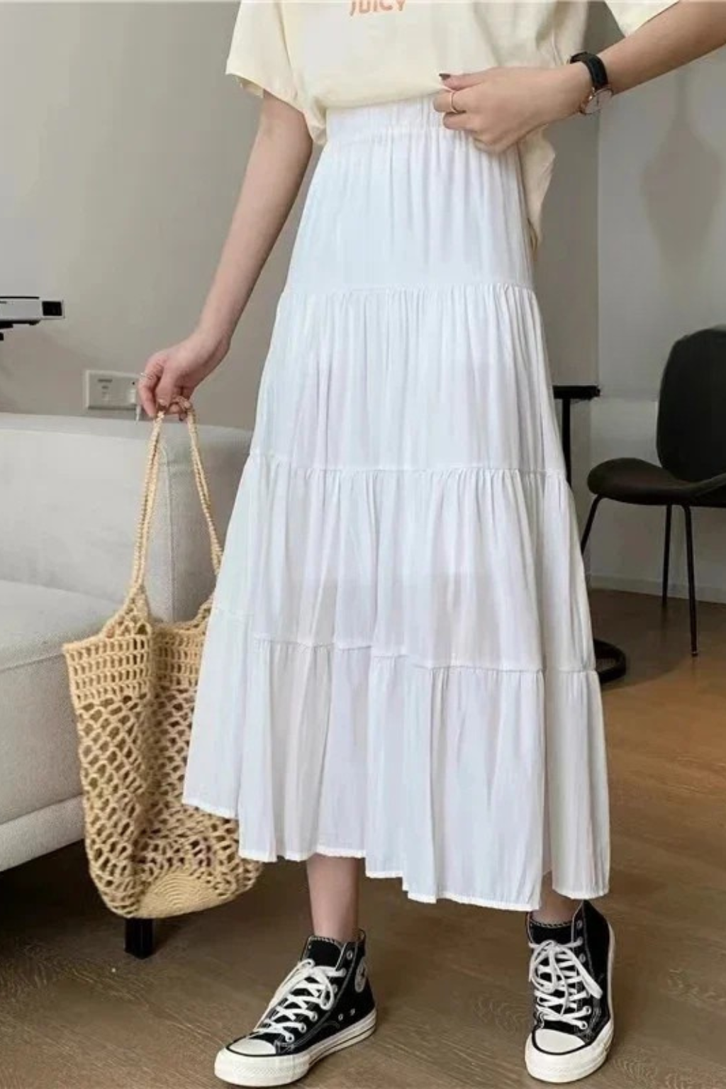 Women's High-Waist Tiered Maxi Skirt with Elastic Waist – Flowy Summer Skirt