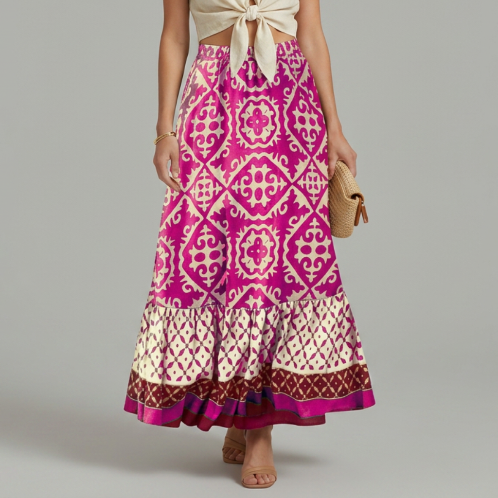 Women's Tiered Printed Maxi Skirt with Elastic High Waist – A-Line Spring Summer Skirt
