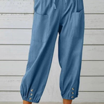 Women's Linen Cropped Pants with Drawstring Waist & Button Hem – Summer Pants for Holidays
