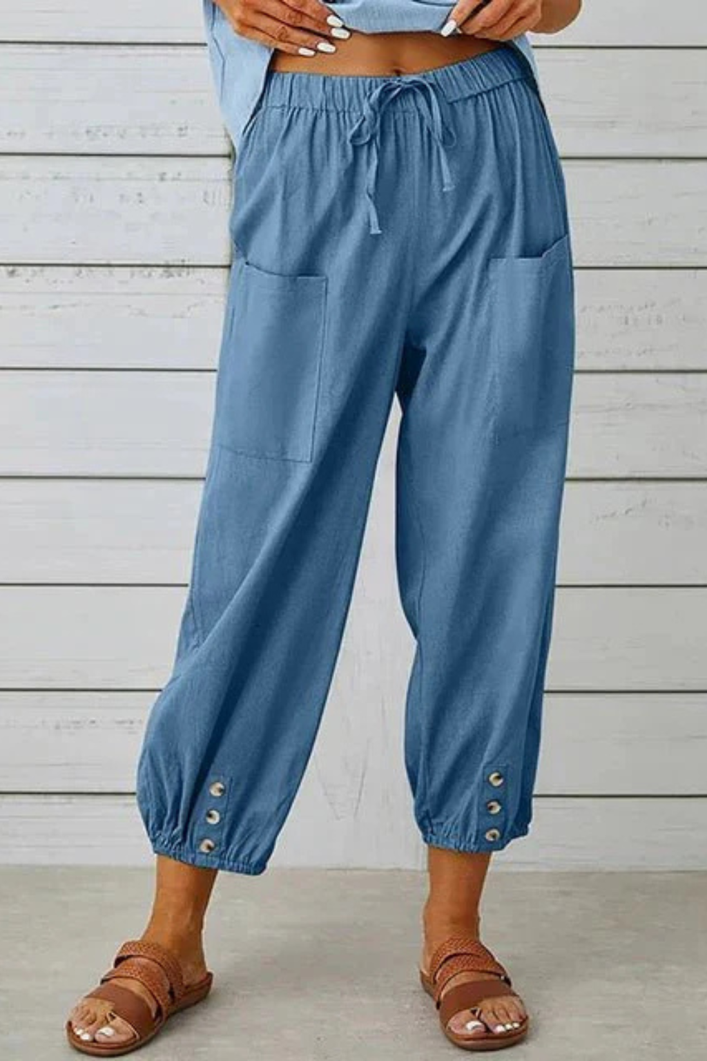 Women's Linen Cropped Pants with Drawstring Waist & Button Hem – Summer Pants for Holidays