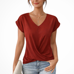 Women's V-Neck Twist Hem Top – Short Sleeve Going Out Top for Summer Evenings
