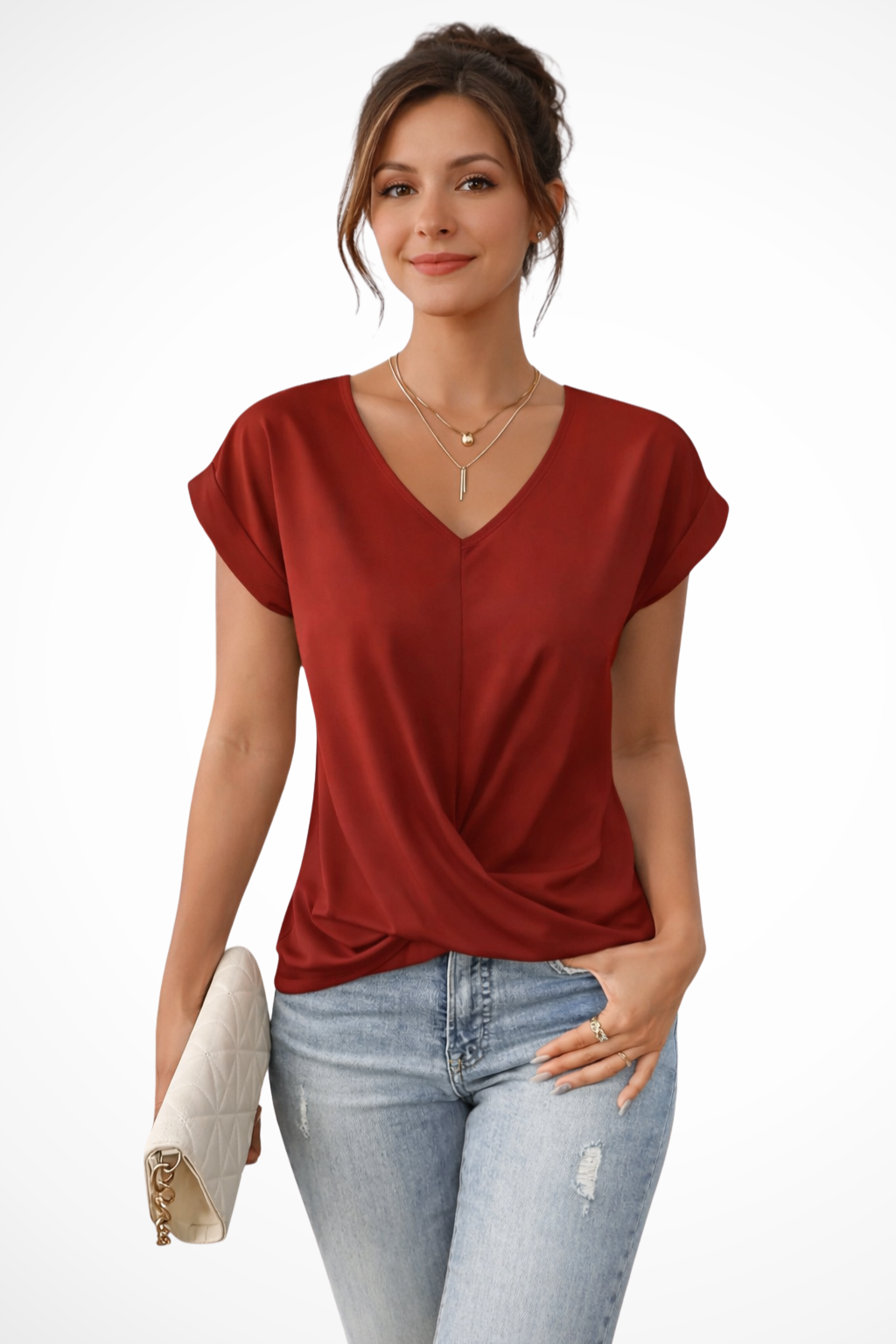 Women's V-Neck Twist Hem Top – Short Sleeve Going Out Top for Summer Evenings