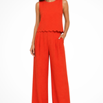 Women's Textured Scallop Hem Tie Back Top and Wide Leg Pants Set – Sleeveless Co-ord