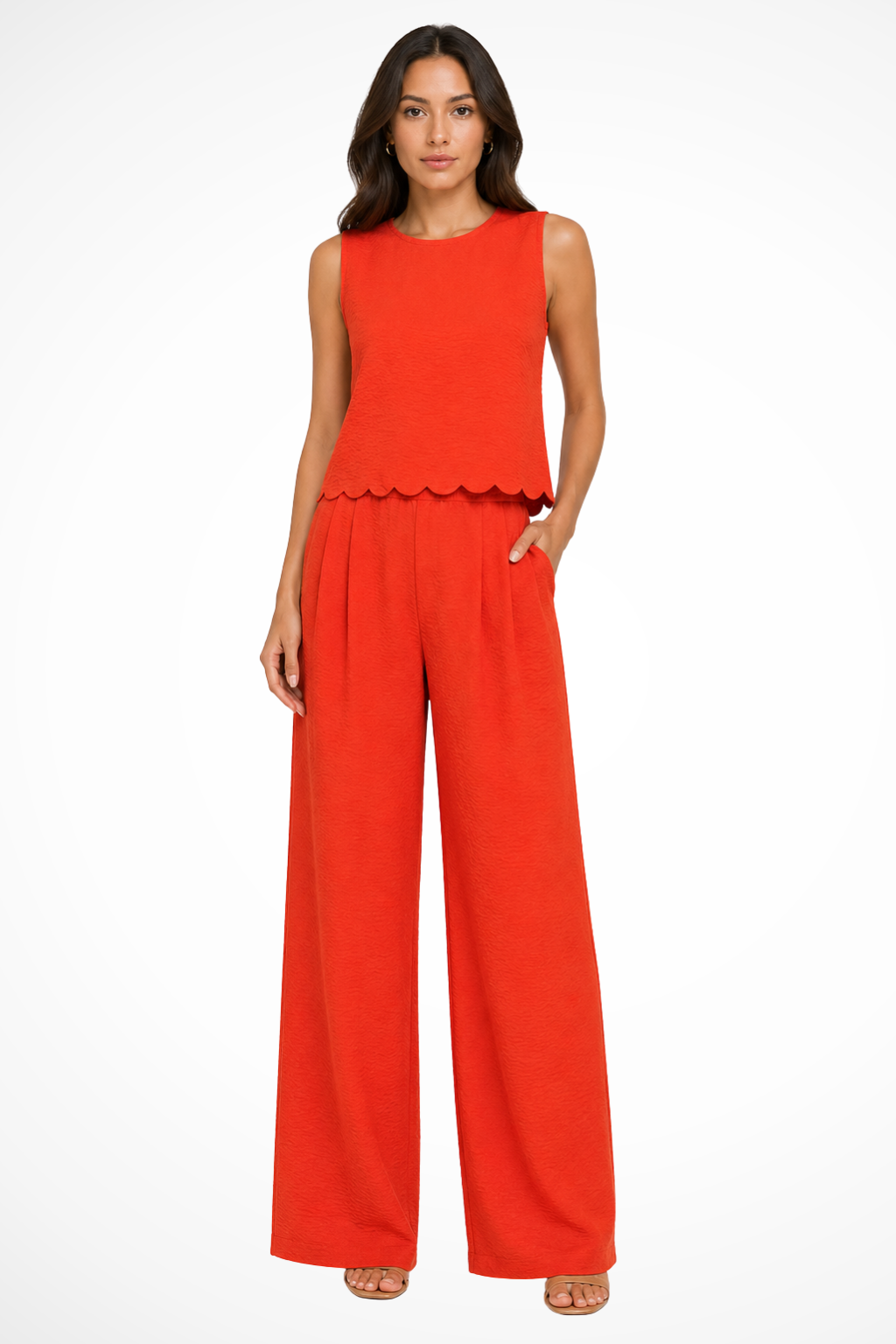 Women's Textured Scallop Hem Tie Back Top and Wide Leg Pants Set – Sleeveless Co-ord
