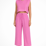 Women's Linen Two-Piece Set with Tie-Side Crop Top & Wide Leg Pants – Sleeveless Summer Co-Ord
