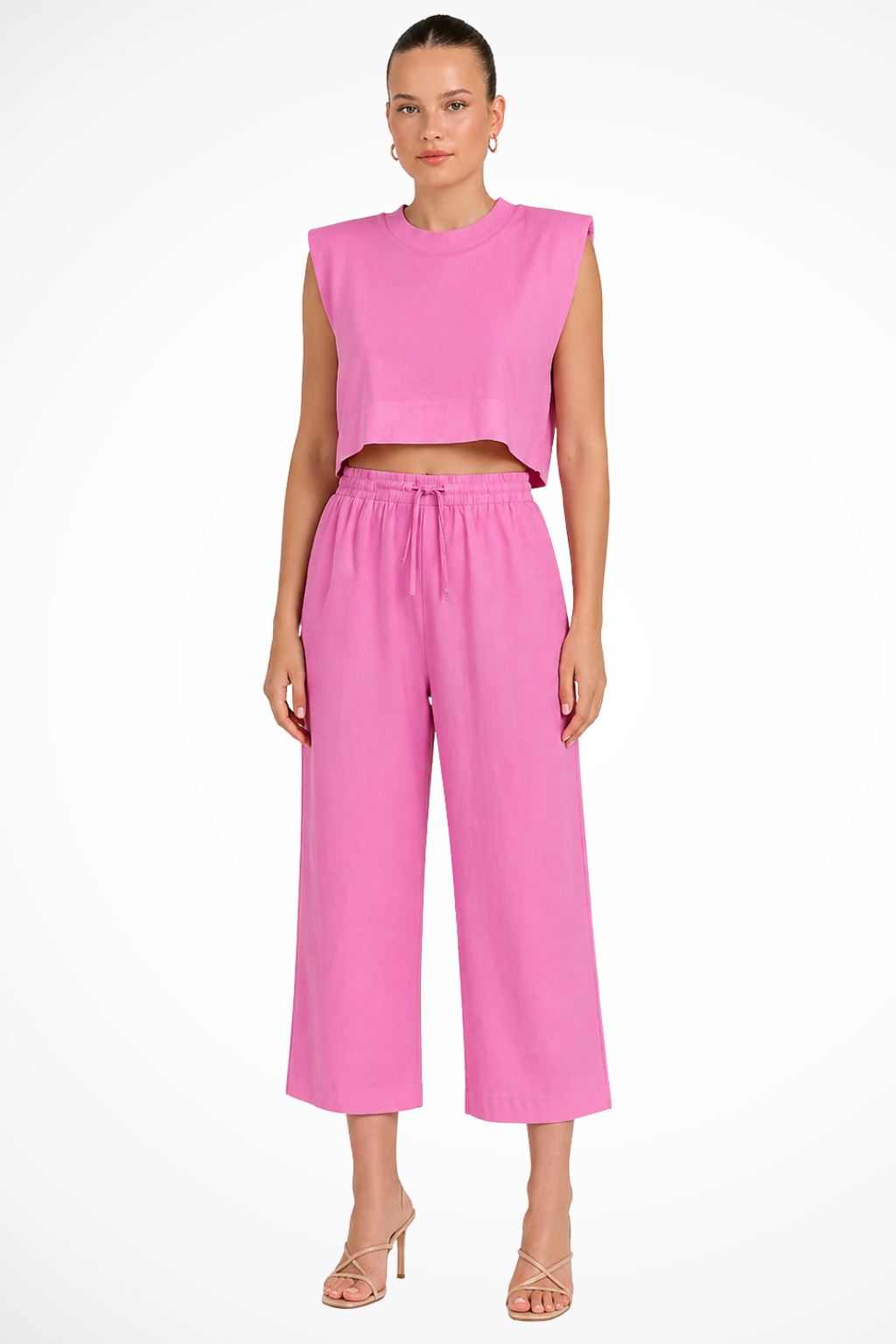 Women's Linen Two-Piece Set with Tie-Side Crop Top & Wide Leg Pants – Sleeveless Summer Co-Ord