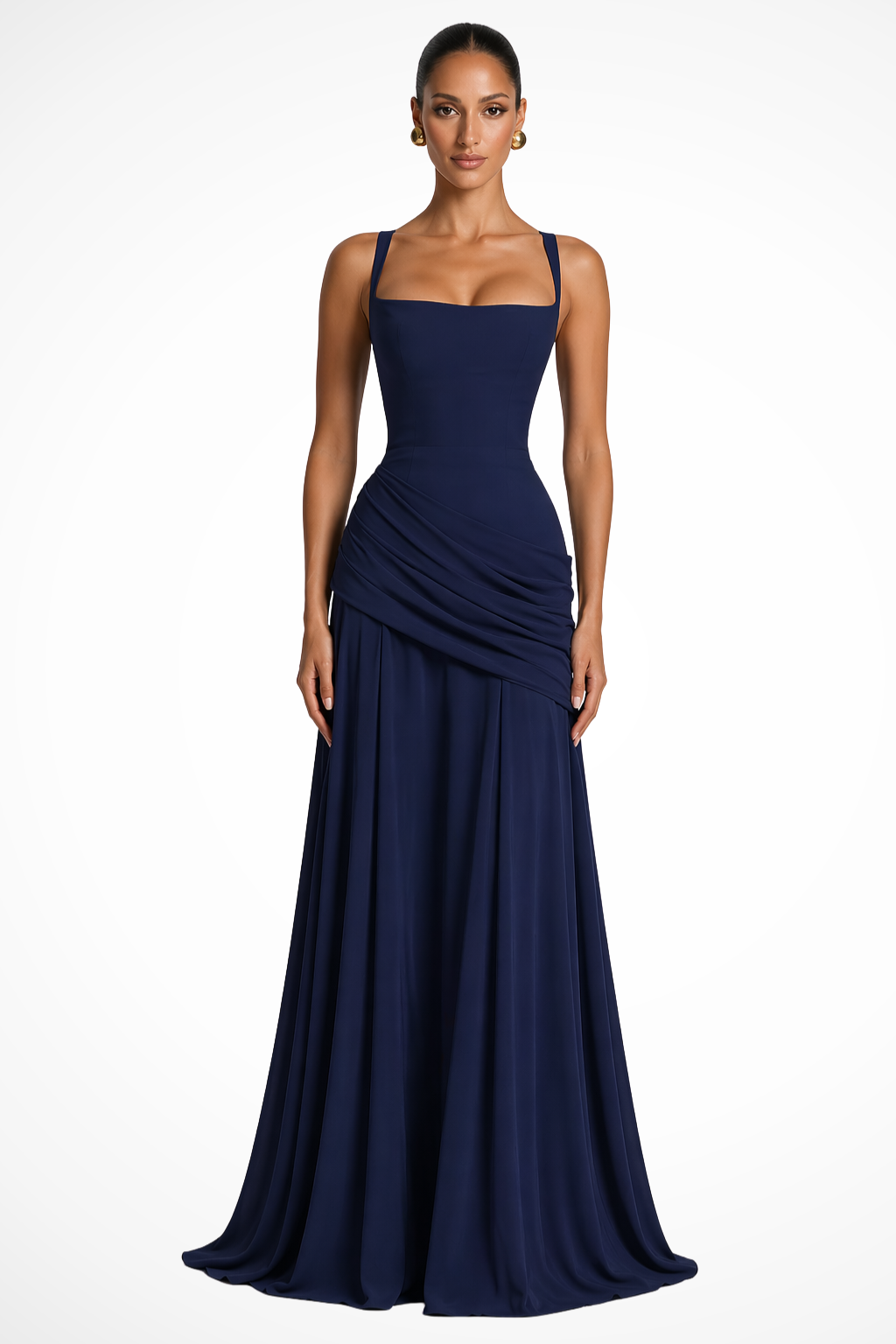 Women's Square Neck Ruched Maxi Dress with Side Split – Wedding Guest & Formal Occasion Dress