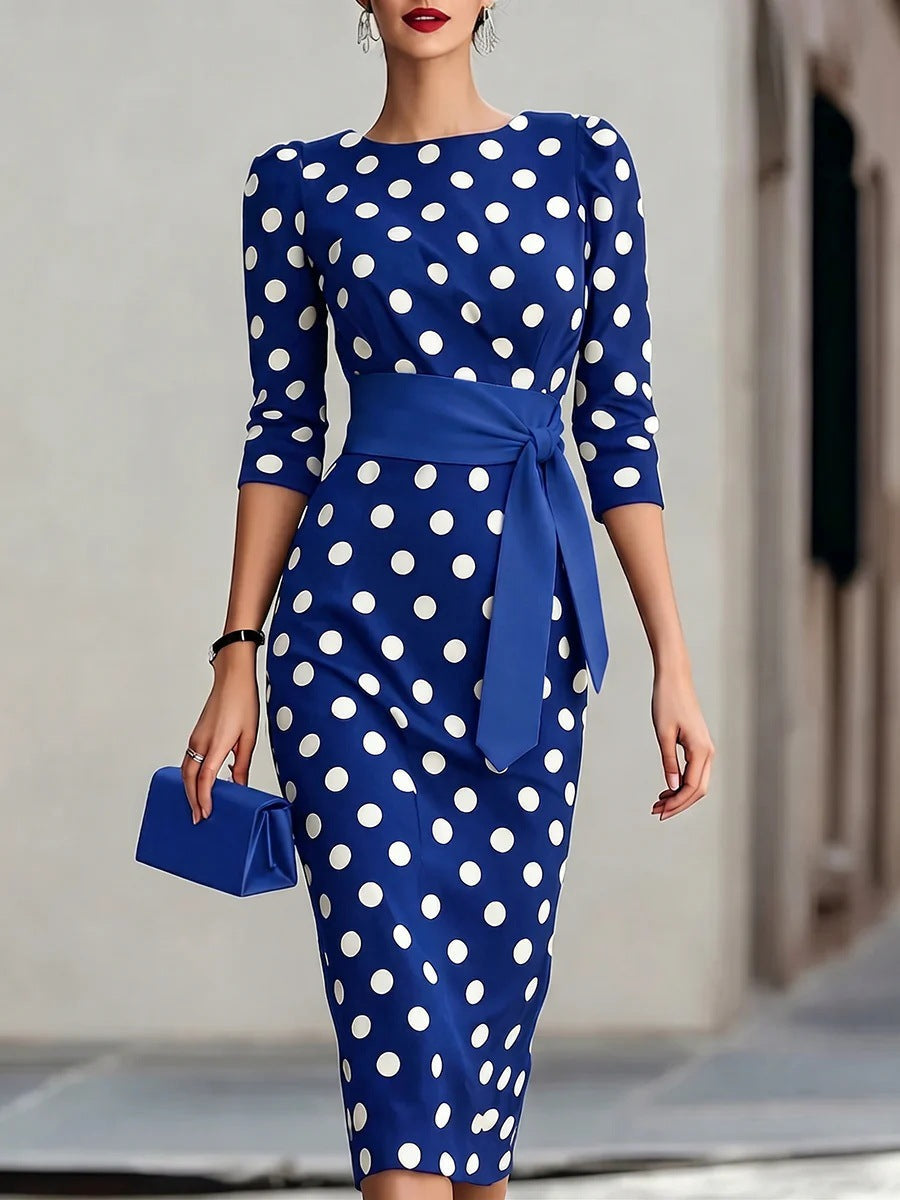 Women's Polka Dot Midi Dress – Elegant Day Dress for Brunch, Garden Parties & Race Days