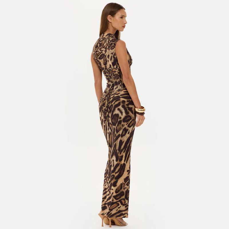 Women's Leopard Print Bodycon Maxi Dress – Fitted Evening Dress for Parties & Nights Out