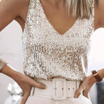 Women's Glitter Sequin V-Neck Tank Top with Wide Straps – Party, Evening & Night Out Top