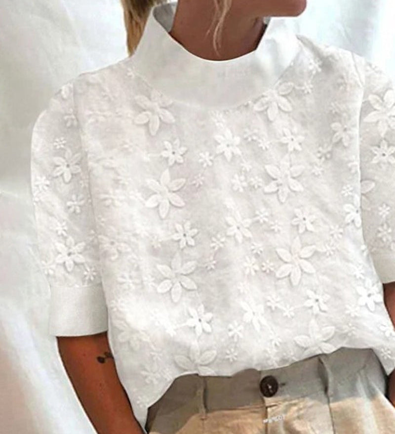 Women's Stand-Up Collar Blouse with Relaxed Fit – Elegant White Top for Work & Smart Casual