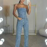 Women's Sequin Strapless Crop Top & High-Waist Jeans Set – Two-Piece Party Outfit for Nights Out