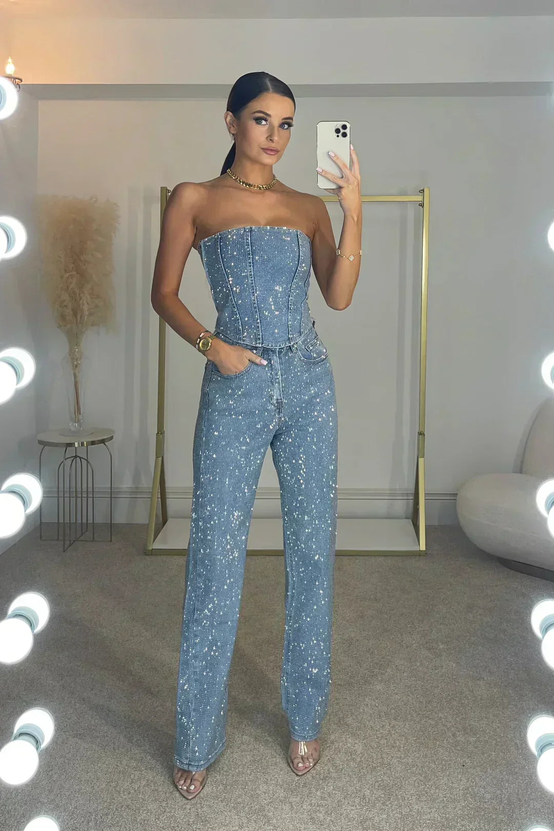 Women's Sequin Strapless Crop Top & High-Waist Jeans Set – Two-Piece Party Outfit for Nights Out