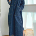 Women's Oversized Collared Denim Maxi Dress with Long Sleeves & Patch Pockets