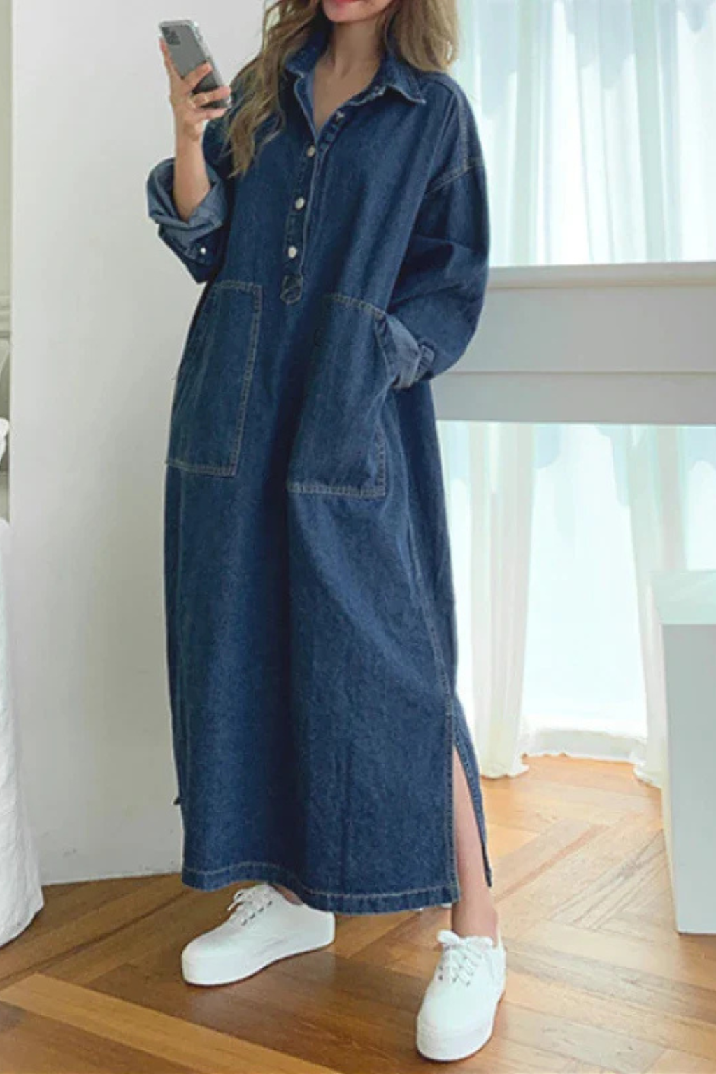 Women's Oversized Collared Denim Maxi Dress with Long Sleeves & Patch Pockets