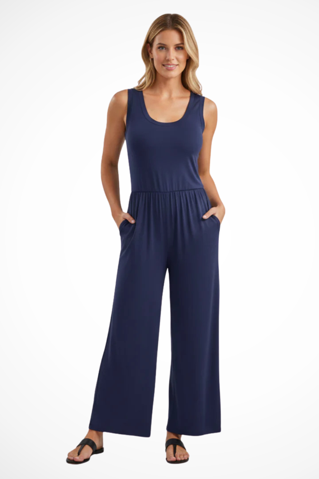 Women's Sleeveless Round Neck Wide Leg Jumpsuit with Pockets – Relaxed Summer Jumpsuit