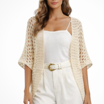 Women's Short Sleeve Crochet Cardigan – Open-Front Cropped Summer Cover-Up