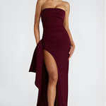 Women's Strapless Twisted Bodice Maxi Dress with High Slit – Formal Evening and Wedding Guest Gown