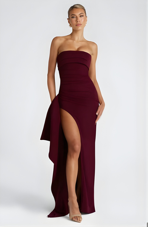 Women's Strapless Twisted Bodice Maxi Dress with High Slit – Formal Evening and Wedding Guest Gown