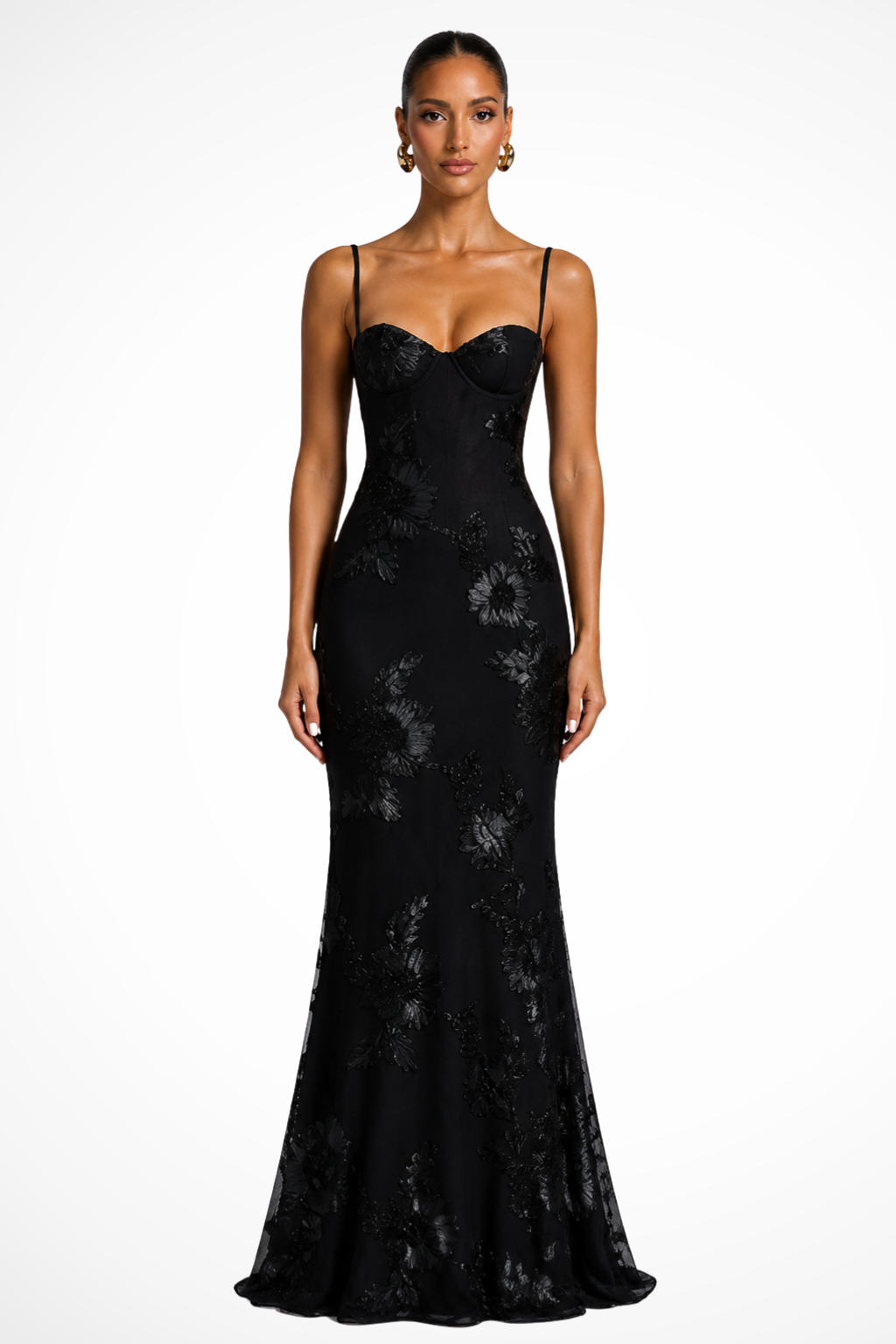 Women's Floral Embroidered Corset Maxi Dress with Cami Straps – Wedding Guest & Formal Dress