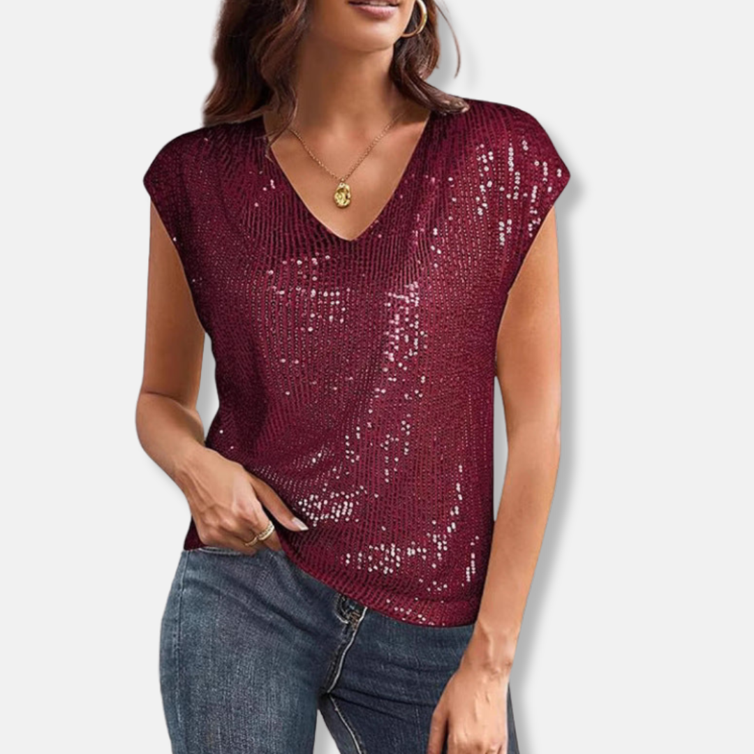 Women's Sequin V-Neck Top – Sparkly Party Top for Christmas and Evenings Out