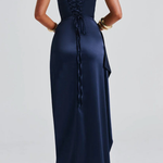 Women's Satin Spaghetti Strap Ruched Maxi Dress with High Slit – Formal & Wedding Guest