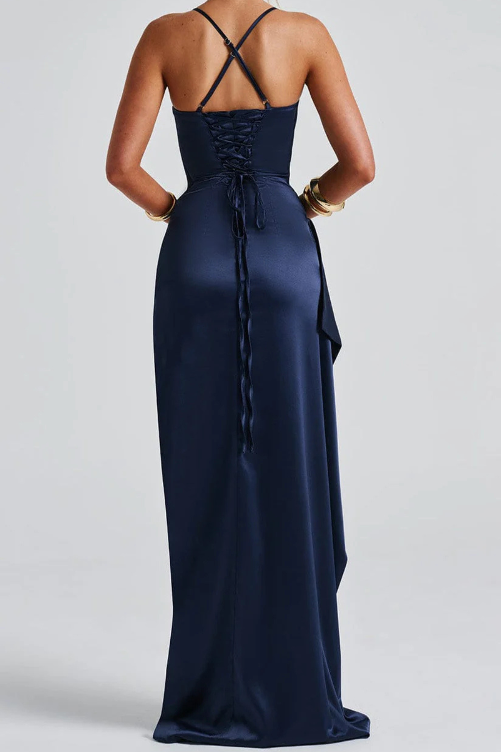 Women's Satin Spaghetti Strap Ruched Maxi Dress with High Slit – Formal & Wedding Guest