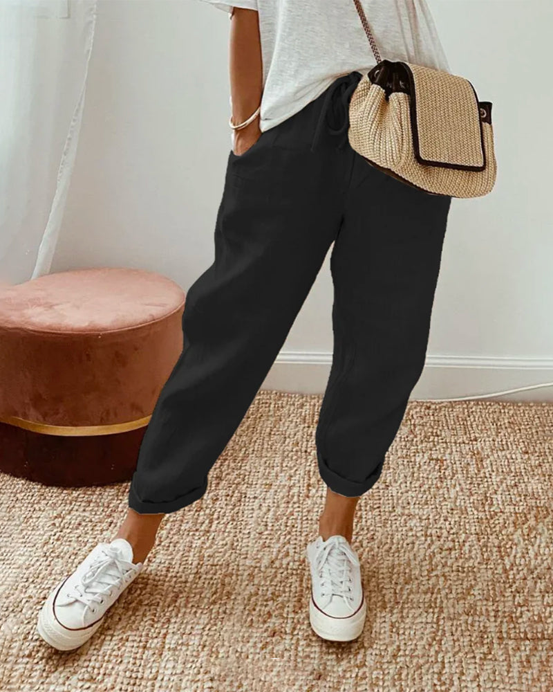 Women's Breathable Drawstring Pants with Slant Pockets – Tapered Leg Comfort Everyday Pants