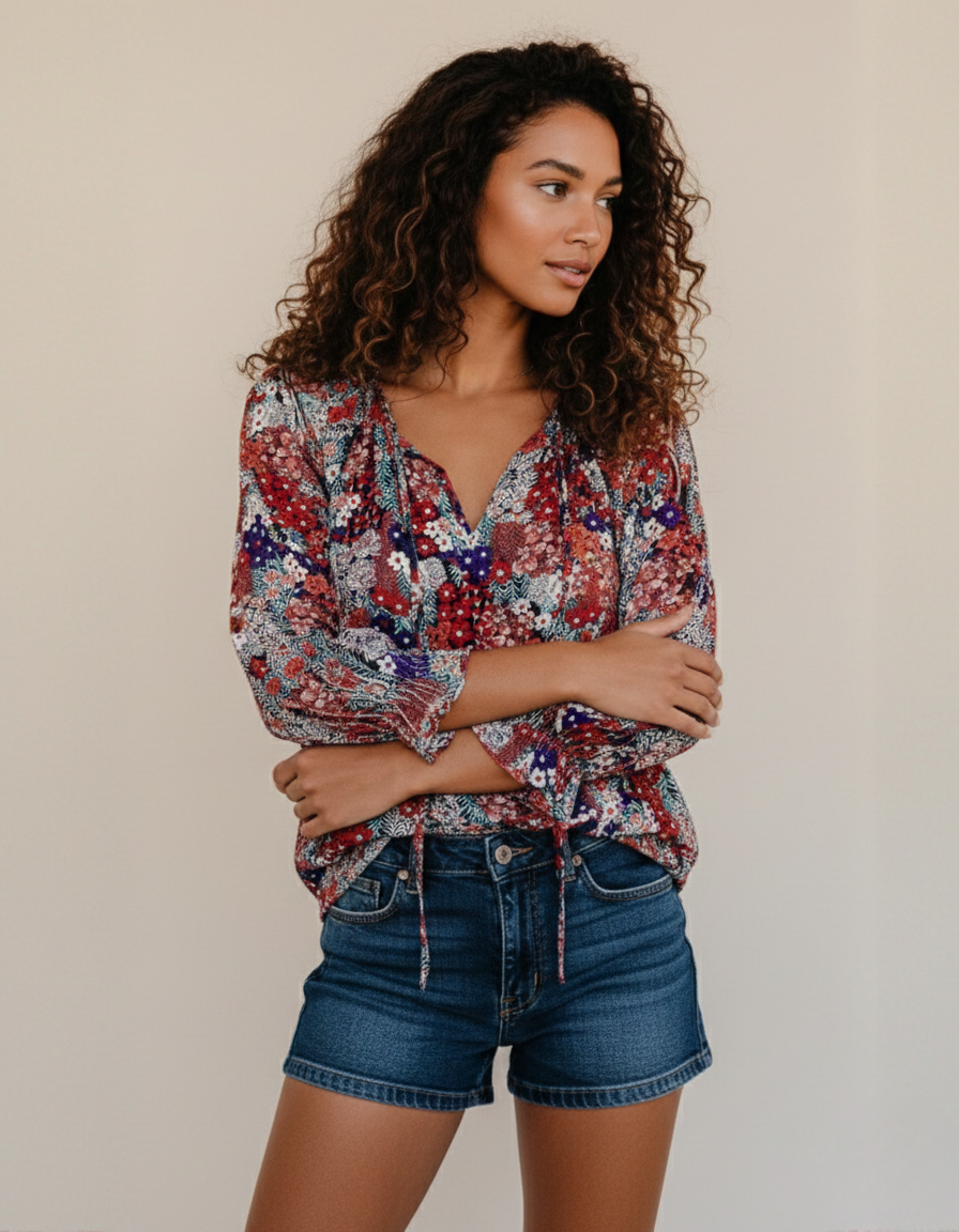 Women's Floral Print V Neck Blouse with Long Sleeves – Lightweight Everyday Top