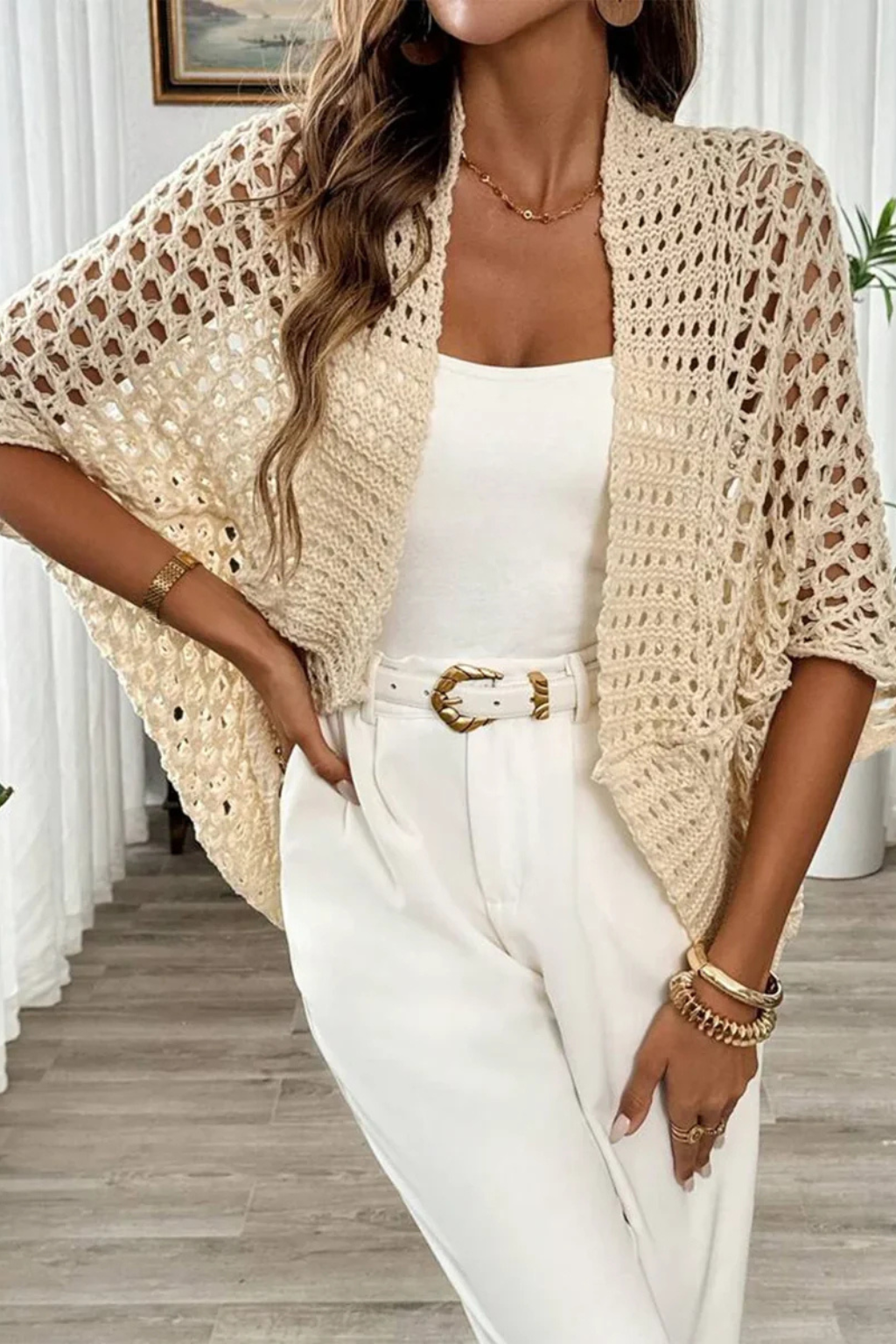 Women's Short Sleeve Crochet Cardigan – Open-Front Cropped Summer Cover-Up