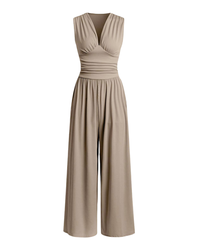 Women's Deep V-Neck Wide-Leg Jumpsuit – Fitted Waist Elegant Jumpsuit for Dinners & Parties