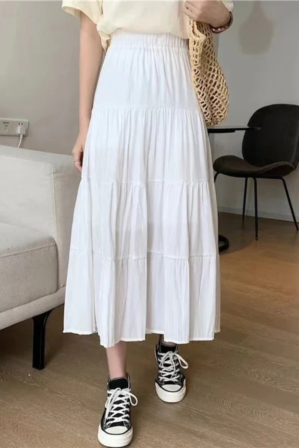 Women's High-Waist Tiered Maxi Skirt with Elastic Waist – Flowy Summer Skirt