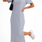Women's Striped Midi Dress with Short Sleeves & Side Split – Casual Summer Day Dress