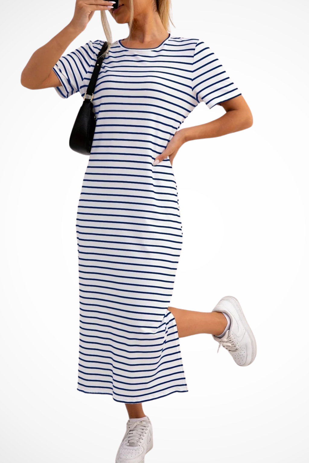 Women's Striped Midi Dress with Short Sleeves & Side Split – Casual Summer Day Dress