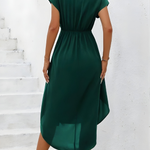 Women's V Neck Midi Dress with Tie Waist – Relaxed Short Sleeve Summer Dress in Green