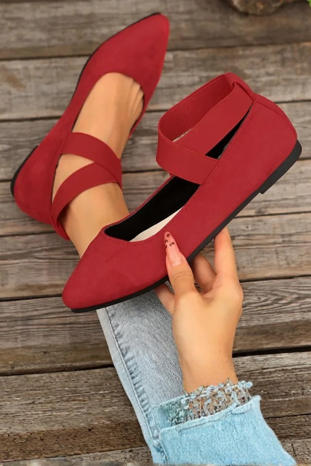 Women's Pointed Toe Ballet Flats with Cross Ankle Straps – Matte Everyday Flat Shoes