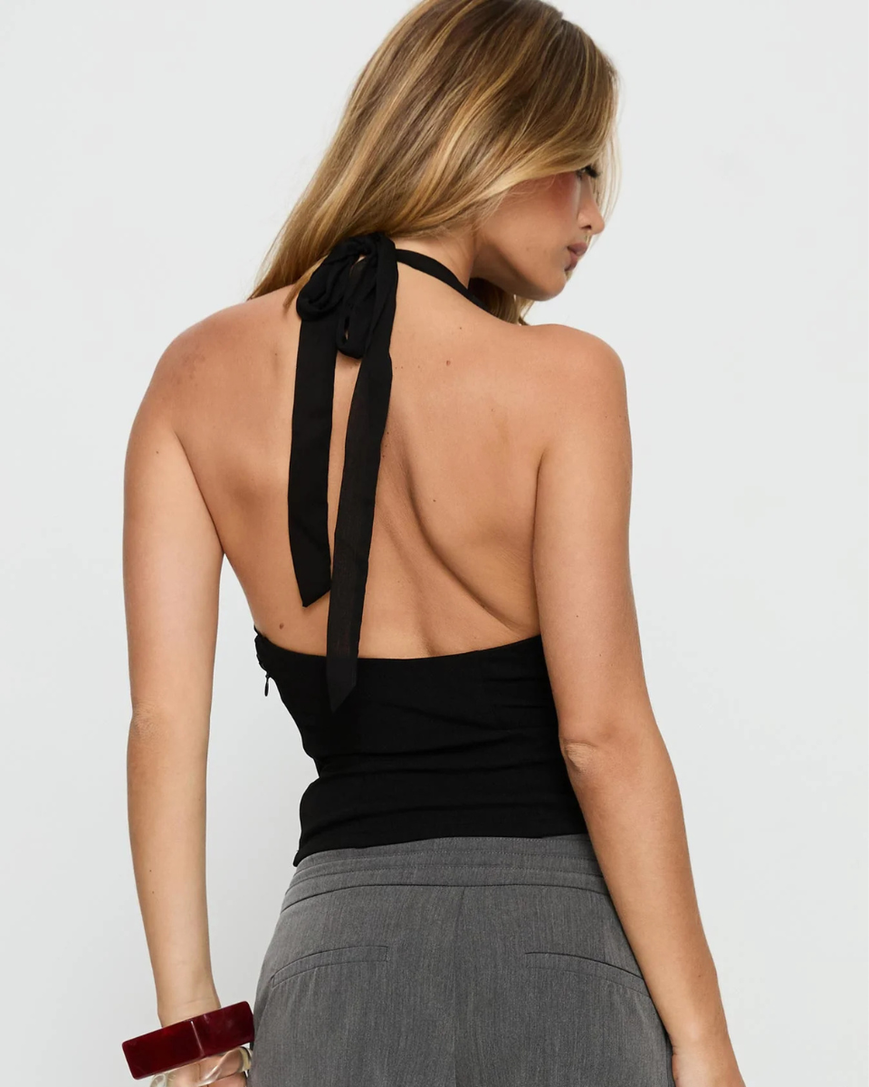 Women's Black Halter Top with Gathered Bust – Fitted Nylon Summer Top